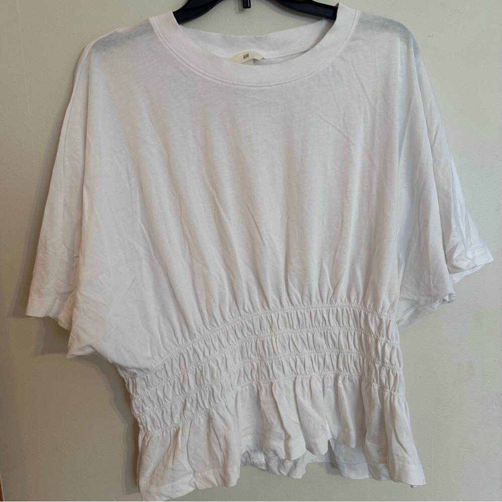 H&M White Smocked Short Sleeve Top